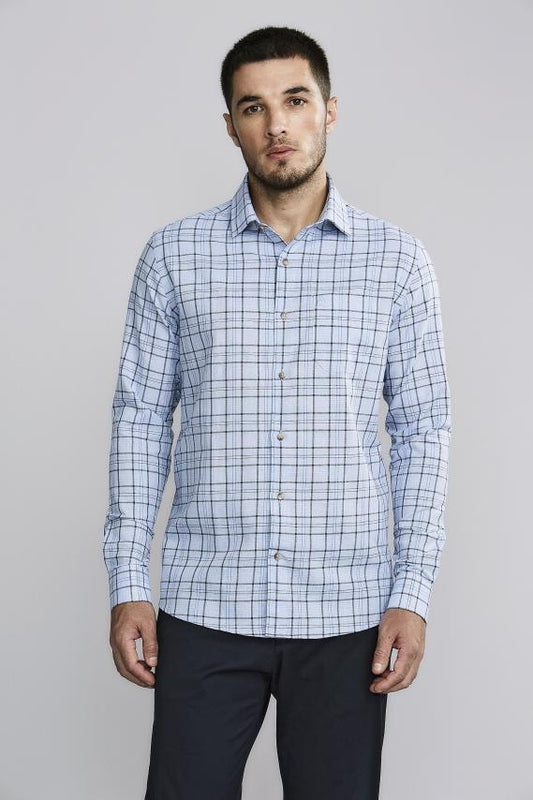 Camisa Manga Longa com Bolso Xadrez Classic Fit - Azul Claro