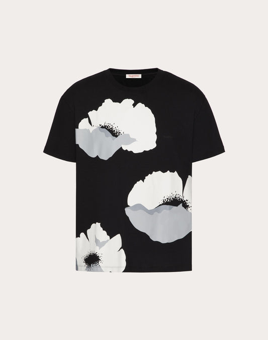 COTTON T-SHIRT WITH VALENTINO FLOWER PORTRAIT PRINT- VALENTINO